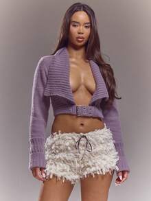 MUSERA Knit Plunge Front Buckle Detail Cropped Cardigan Spring Summer Cute Sexy Streetwear Night Out Ballet Sleeze - Purple - View 1