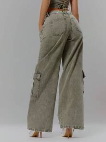 MUSERA Low Rise Washed Denim Cargos Co-Ord Bottom Only Streetwear Coolgirl Winter Sexy Casual Odd Drift - Olive Green - View 4