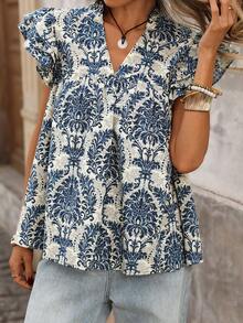 Brillora 女士印花梭织度假衬衫，春夏款 - 藍白色 - 查看 4