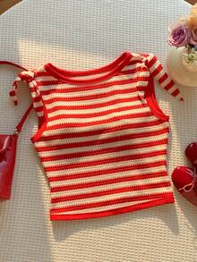 Comfortcana 2026新款春夏时尚女式条纹圆领扭肩休闲夏季上衣情人节海滩外出上衣 - 彩色 - 查看 7