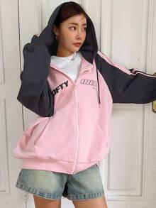 Dazy Star 女士时尚拼色印花长袖连帽衫，秋季服装拉链运动衫 - 粉色 - 查看 8