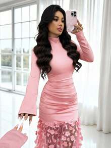 Rafferiza Vestido ajustado de mujer de estilo urbano chic con cuello alto, manga larga, plisado y malla con flores 3D, adecuado para uso diario, bodas, galas, ir al trabajo, fiestas de graduación, vacaciones, citas, fiestas, Halloween, Navidad, Año Nuevo, Acción de Gracias - Rosa - Ver 4