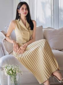 DAZY 女士优雅纯色背心搭配百褶裙两件套，春夏婚礼宾客礼服 - 黃色 - 查看 3
