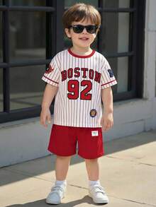 SHEIN 2件套男童休闲时尚经典Y2K风格短袖T恤短裤套装，英文“BOSTON”字样，92号，运动宽松舒适，适合春夏穿着。 - 彩色 - 查看 1