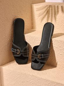 HighSole Sandalias planas de mujer con diseño de hebilla para uso diario - Negro - Ver 1