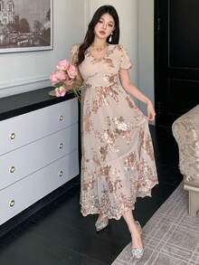 DAZY 女士优雅花卉亮片V领泡泡袖连衣裙，夏季婚礼宾客礼服/吊带裙 - 粉色 - 查看 5