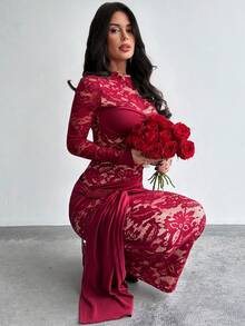 Firerie Đầm ren đỏ xuyên thấu kiểu vintage dành cho nữ, thích hợp cho tiệc Giáng sinh, Năm mới, Lễ Tạ ơn, phong cách Y2K, dự tiệc, hộp đêm. - Màu Đỏ Sâu - Xem 7