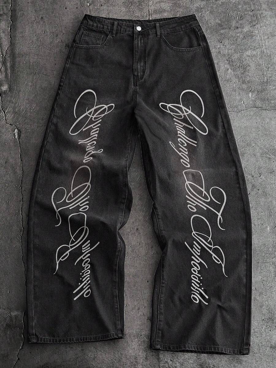 AXEPEAK Pantalones estampados lavados para hombres, diseño de bajo curvo - Negro - Ver 1