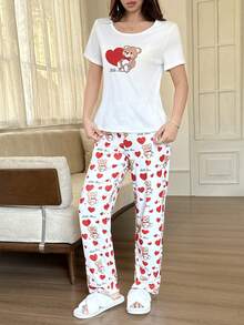 Dream Adore Set Piyama Wanita Lengan Pendek Kasual dengan Motif Kartun Hati & Beruang - Putih - View 6