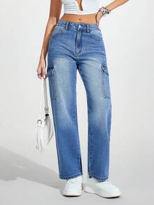 Jeanoix 女士口袋纽扣做旧设计休闲百搭通勤喇叭牛仔裤 - 藍色 - 查看 7