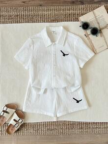 SHEIN Young Boy's Cute Summer Holiday White Printed Shirt And Elastic Waist Shorts Set,Cotton Linen Matching Outfit For Family Vacation,Birthday Party,Rave - Multicolor - View 2
