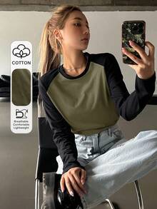 DAZY 拼色插肩袖T恤，秋季服装长袖女式上衣 - 軍綠色 - 查看 1