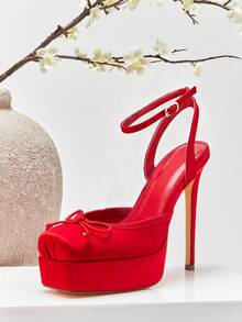 SHUZIA 新款时尚女士黑色缎面芭蕾舞鞋，厚底踝带高跟，方头设计，性感假日春夏情人节鞋 - 紅色 - 查看 1