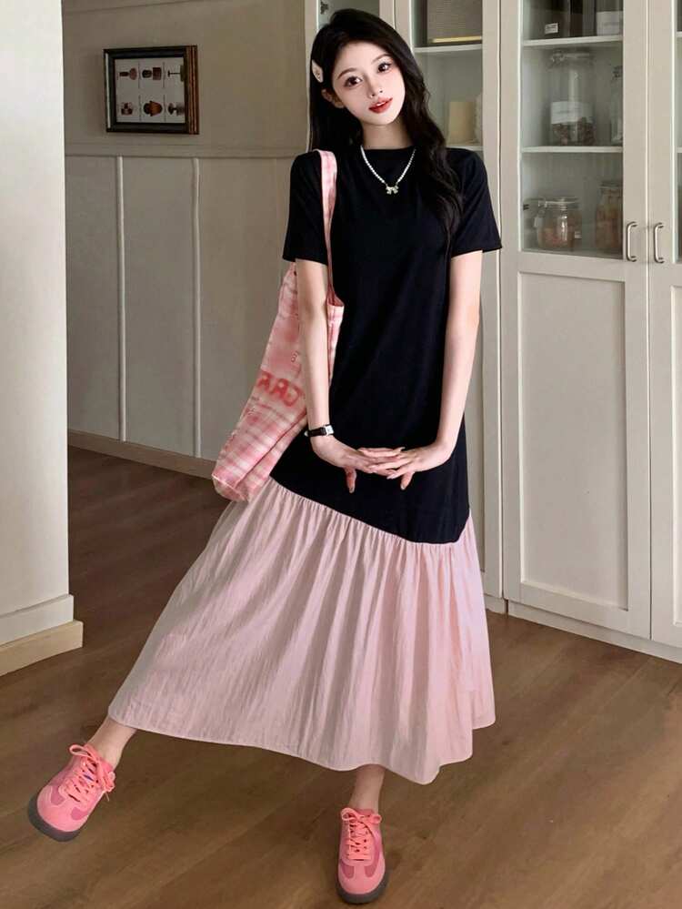 Women's Round Neck Contrast Color Ruffle Hem Casual Mid-Length Dress