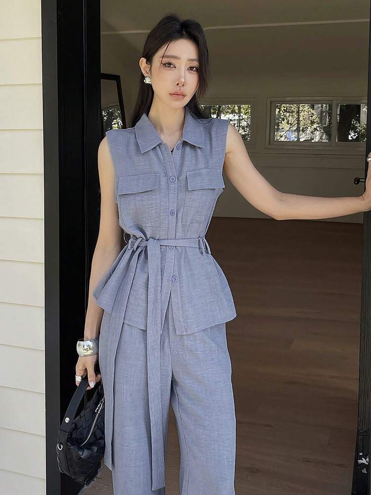 Women's Casual Solid Color Pocket Belt Vest & Wide Leg Pants 2 Pieces Set, Spring/Summer