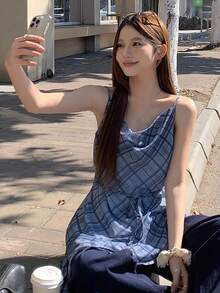 DAZY Women's Korean Style Delicate Summer Plaid Ruffle Hem Asymmetrical Strap Sleeveless Camisole - Blue - View 6