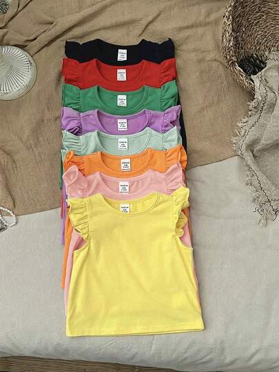 SHEIN LMoss Kids Set de 8 blusas de punto de unicolor lindos para niña, verano