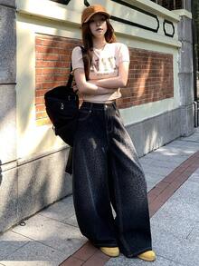 DAZY Women's Loose Fit All-Over Leopard Print Korean Style Casual Wide Leg Jeans