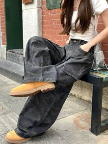 DAZY Women's Washed Silhouette Korean Style Wide Leg Casual Washed Denim Jeans - Grey - View 1