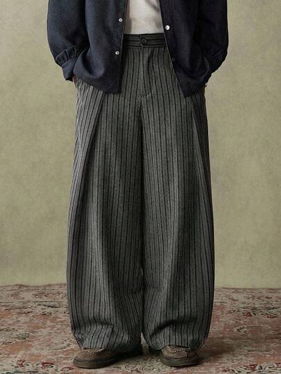 SWAVVY Men's Casual Everyday Commute Fashion Street Striped Print Pleated Loose Wide Leg Pants Japanese Pants Men Baggy Pants Men Wide Leg Pants Pinstripe Pants Pleated Pants