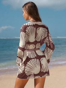 Swim Chiccia Boho Seashell Print Chiffon Kimono Cover Up, Beach Vacation Bohemian Ocean Style - Burgundy - View 2