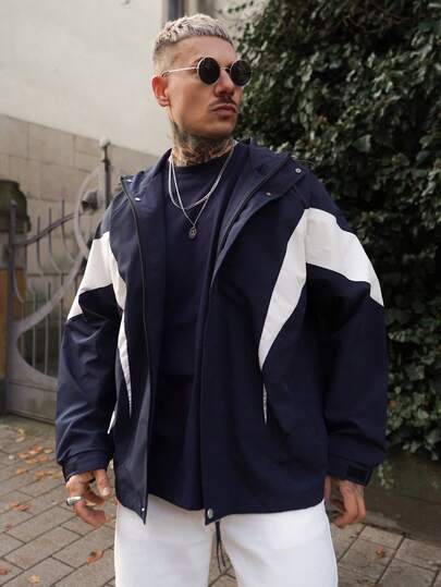 Artur Kramer Chaqueta casual con capucha con cordón, cremallera y contraste de color de manga larga para hombre, para el otoño