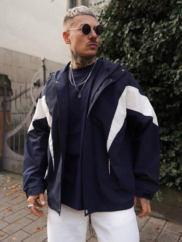 Artur Kramer Chaqueta casual con capucha con cordón, cremallera y contraste de color de manga larga para hombre, para el otoño