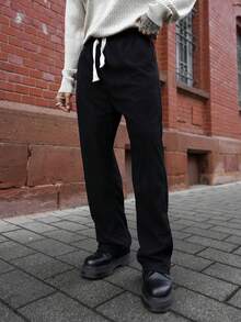 Artur Kramer 男士灯芯绒直筒裤，舒适休闲宽松，纯色，百搭，春秋 - 黑色 - 查看 1