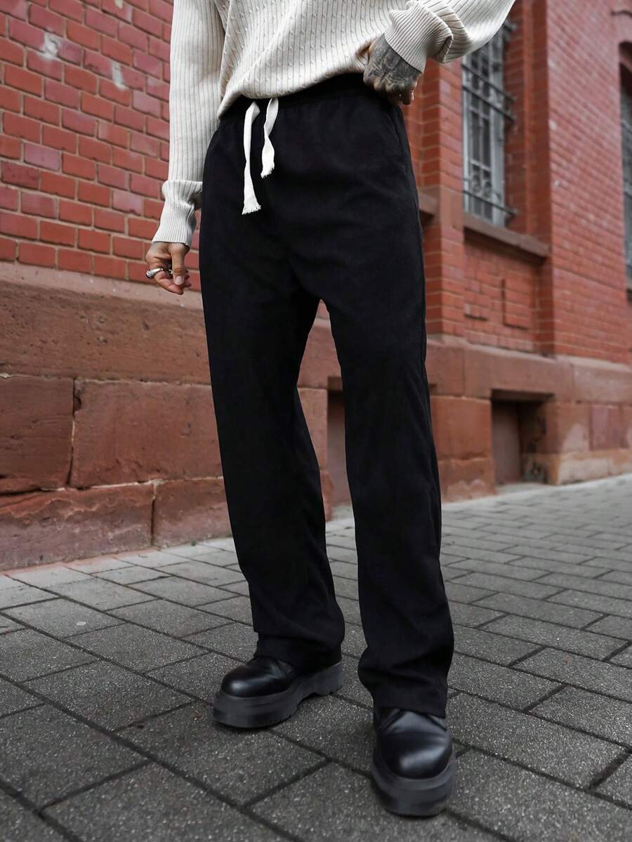 Artur Kramer 男士灯芯绒直筒裤，舒适休闲宽松，纯色，百搭，春秋 - 黑色 - 查看 1