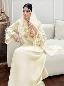 Yasmyna رمضان فستان أنيق بأكمام طويلة وياقة ربطة عنق مزين بترتر على شكل فراشة بطراز عربي - لون مشمشي - مشاهدة 2