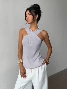 Selianne Cross-Neck Minimalist Niche Design Casual Knit Top - Mauve Purple - View 5