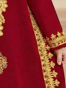 Tween Girls Cute, Elegant, Vintage Distinctive Burgundy Dress With Golden Lace Print, Suitable For Spring/Summer, Festive Occasions - Multicolor - View 6
