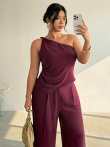 Firerie 大码女式休闲纯色不对称单肩上衣搭配松紧腰裤套装，日常通勤裤套装，女士工作套装，彩色女式套装，春夏服装，通勤，优雅，工作服，教师节 - 酒紅色 - 查看 4