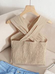 SHEIN Teen Girls' Woven Criss-Cross Back Cinched Waist Cropped Casual Tank Top, Spring/Summer - Khaki - View 2