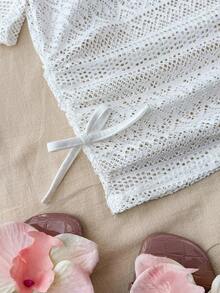 SHEIN 少女白色针织露肩镂空沙滩度假修身短款罩衫 - 白色 - 查看 4