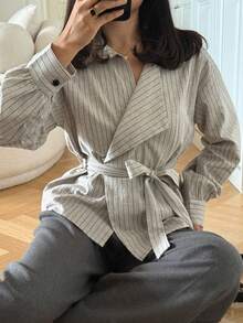 DAZY 女士休闲条纹领带常规款外套，春夏款 - 杏色 - 查看 3