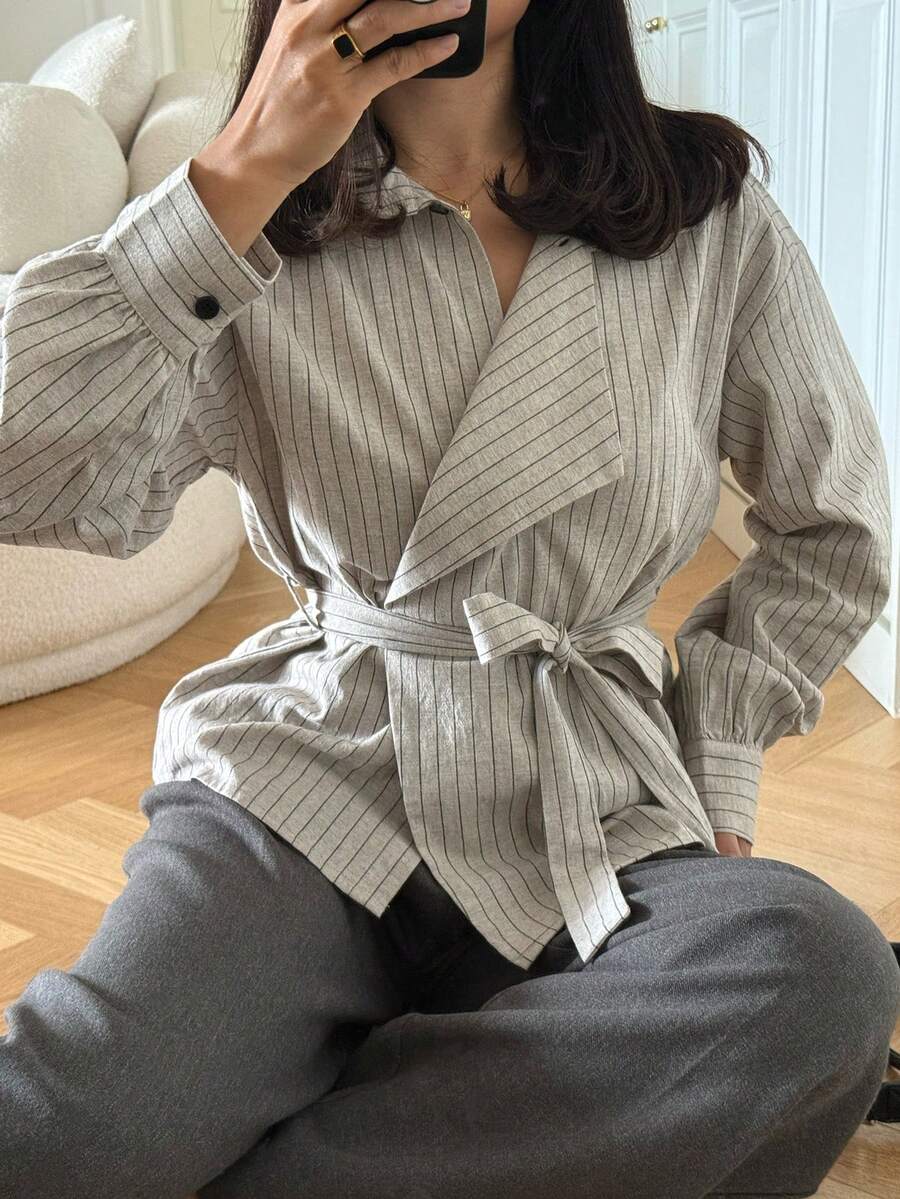 DAZY 女士休闲条纹领带常规款外套，春夏款 - 杏色 - 查看 1