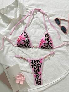 Swim Mod Pink Summer Halter Strap Bikini Set,Floral & Leopard Print,Padded Adjustable Tie Side,Casual Beach Holiday Vacation Two Piece Swimwear - Multicolor - View 2