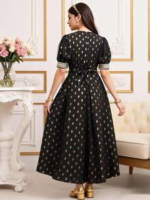 SHEIN Teen Girl Summer New Thin Hot Stamping Polka Dot Short Sleeved Elegant Vacation Waist Cinching High-End Feeling Retro Dress Showing Ladylike Medium Long Skirt - Black - View 2