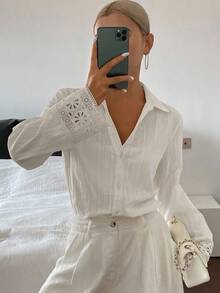 DAZY 夏季新款宽松休闲奶油黄色女式衬衫长袖上衣 - 白色 - 查看 3