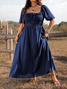 Ceyna Navy Blue Plus Size Boho Off Shoulder Summer Dress For Women,Shirred Square Neck Half Puff Sleeve A Line Flared Hem Holiday Vacation Picnic - Blue - View 3