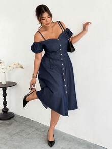 Firerie Plus Size Women's Off-Shoulder Button Design Fashionable Denim Dress,Valentine's Day,Summer,Carnival,Beach,Party,Elegant Party Dress,Going Out - Blue - View 3
