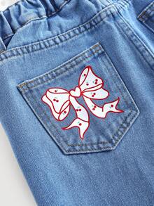 SHEIN 少女时尚休闲 Y2K 复古酷炫街头可爱精致蝴蝶结樱桃图案蓝色宽松舒适牛仔裤，适合少女日常穿着，也适合春夏派对、节日和街头服饰。 - 藍色 - 查看 3