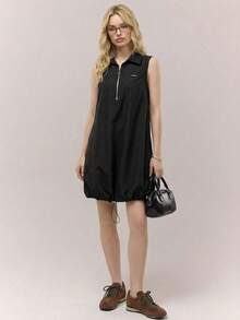 Muvela Vestido mini con cuello de cremallera, sin mangas, con cordón en el bajo, estilo callejero retro, ropa deportiva ligera y casual, para verano - Negro - Ver 2