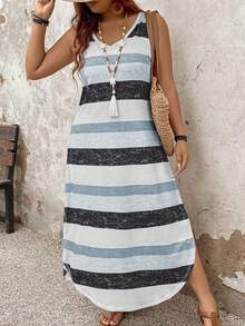 SHEIN PETITE Đầm kẻ sọc dáng rộng dành cho nữ, thích hợp cho mùa xuân/hè. - Nhiều màu - Xem 3