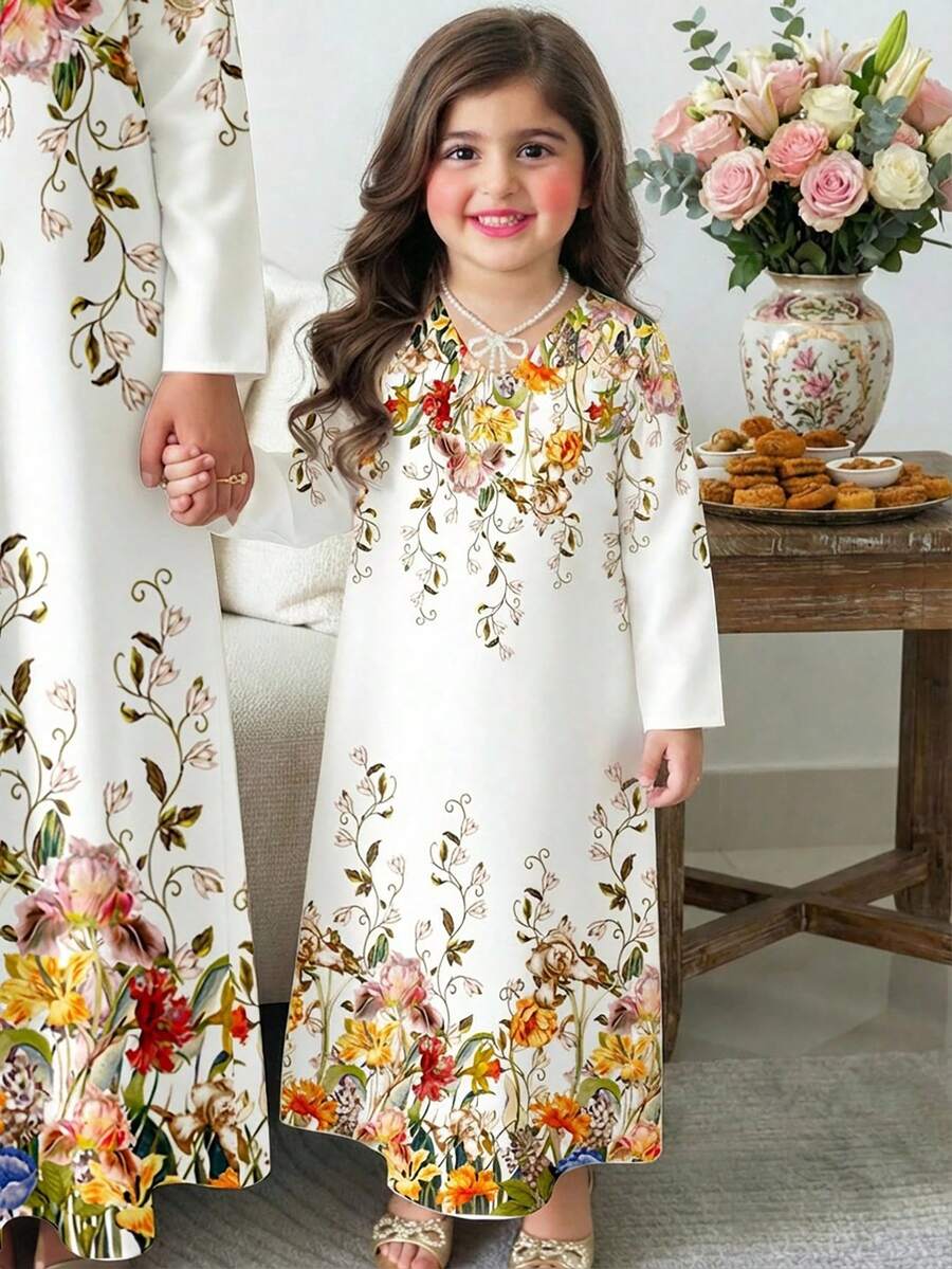 優雅花卉印花圖案 親子套裝 可愛 Jalabiya 女童休閒極簡風連身裙 祈禱 Abaya 穿著舒適 休閒穿搭 - 彩色 - 查看 1