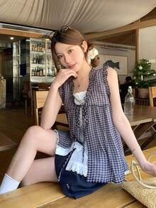 DAZY Women's Plaid Patchwork Short Sleeve Top, Fresh And Youthful Korean Style, Summer - Black and White - View 3
