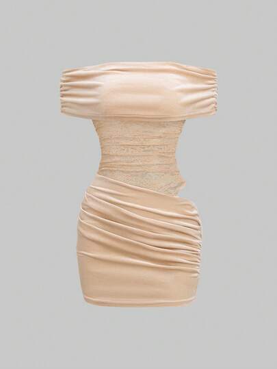 Sweetra Đầm dạ hội Giáng sinh màu đỏ cổ điển sang trọng, trễ vai, phối ren tương phản, eo bất đối xứng, xếp ly dành cho phụ nữ