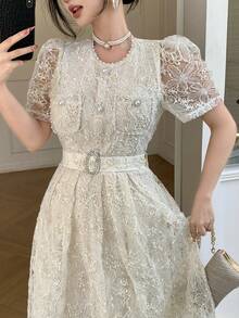 DAZY Elegant High-End Lace Dress With Tie Cinched Waist Embroidered Dress, Soft Korean Style Charming Youthful Dress Wedding Guest Dress Summer Sundress - Ivory White - View 9