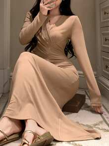 DAZY Minimalist Pleated Design Waist-Cinched Long Knit Dress For Women, Loungewear - Khaki - View 6